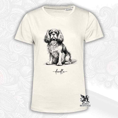 T-shirt beige stampata con un Cavalier King Charles Spaniel, grafica Doodle