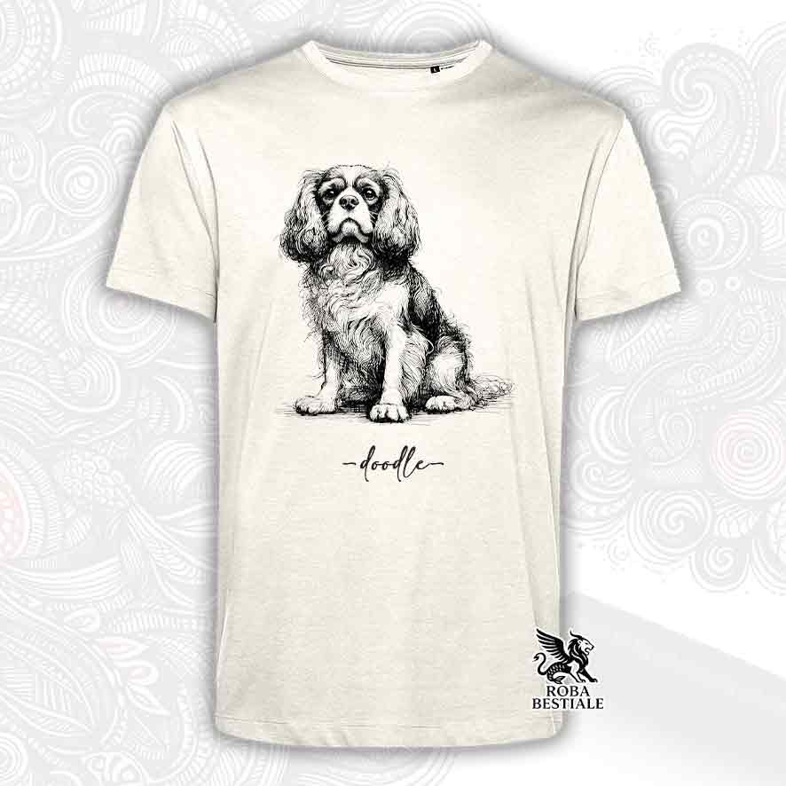 T-shirt beige stampata con un Cavalier King Charles Spaniel, grafica Doodle