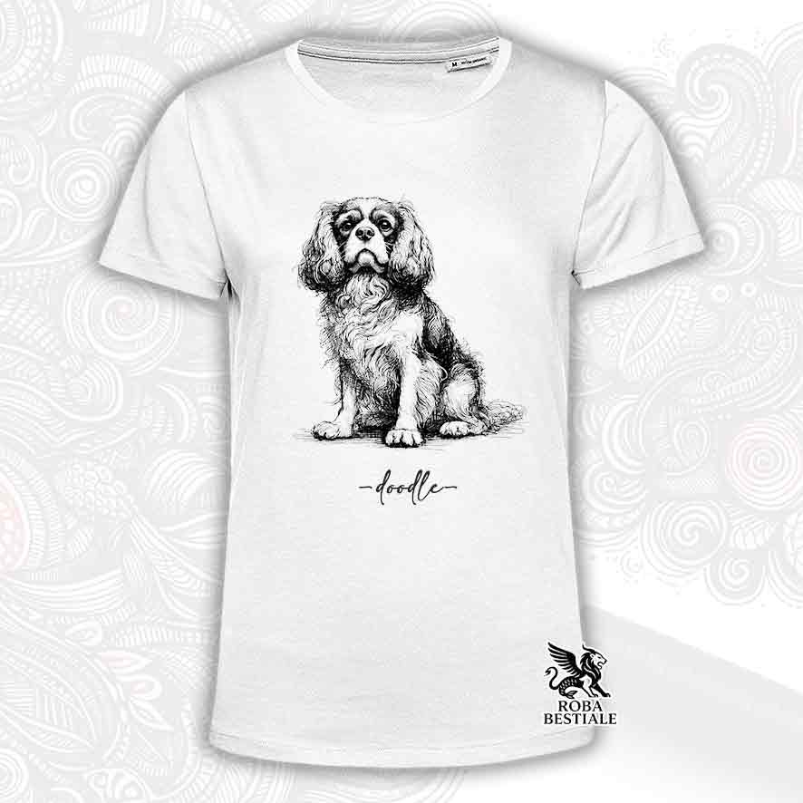 T-shirt bianca stampata con un Cavalier King Charles Spaniel, grafica Doodle