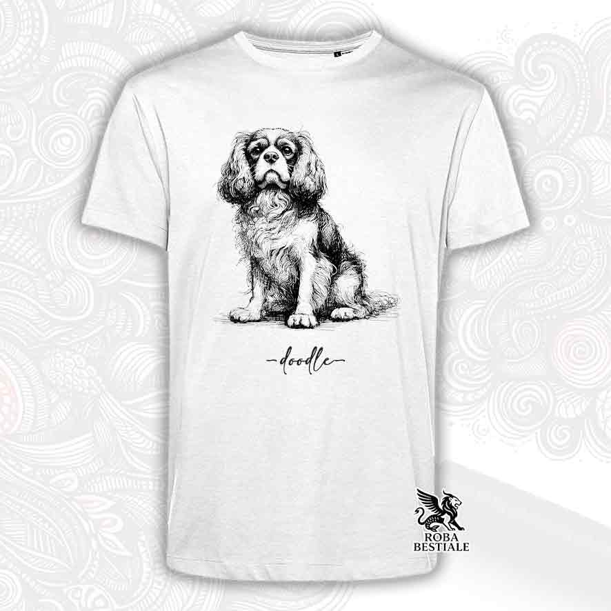 T-shirt bianca stampata con un Cavalier King Charles Spaniel, grafica Doodle