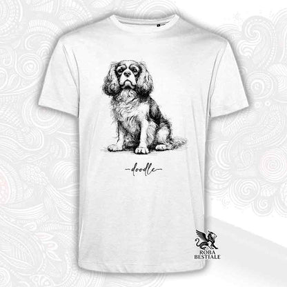 T-shirt bianca stampata con un Cavalier King Charles Spaniel, grafica Doodle