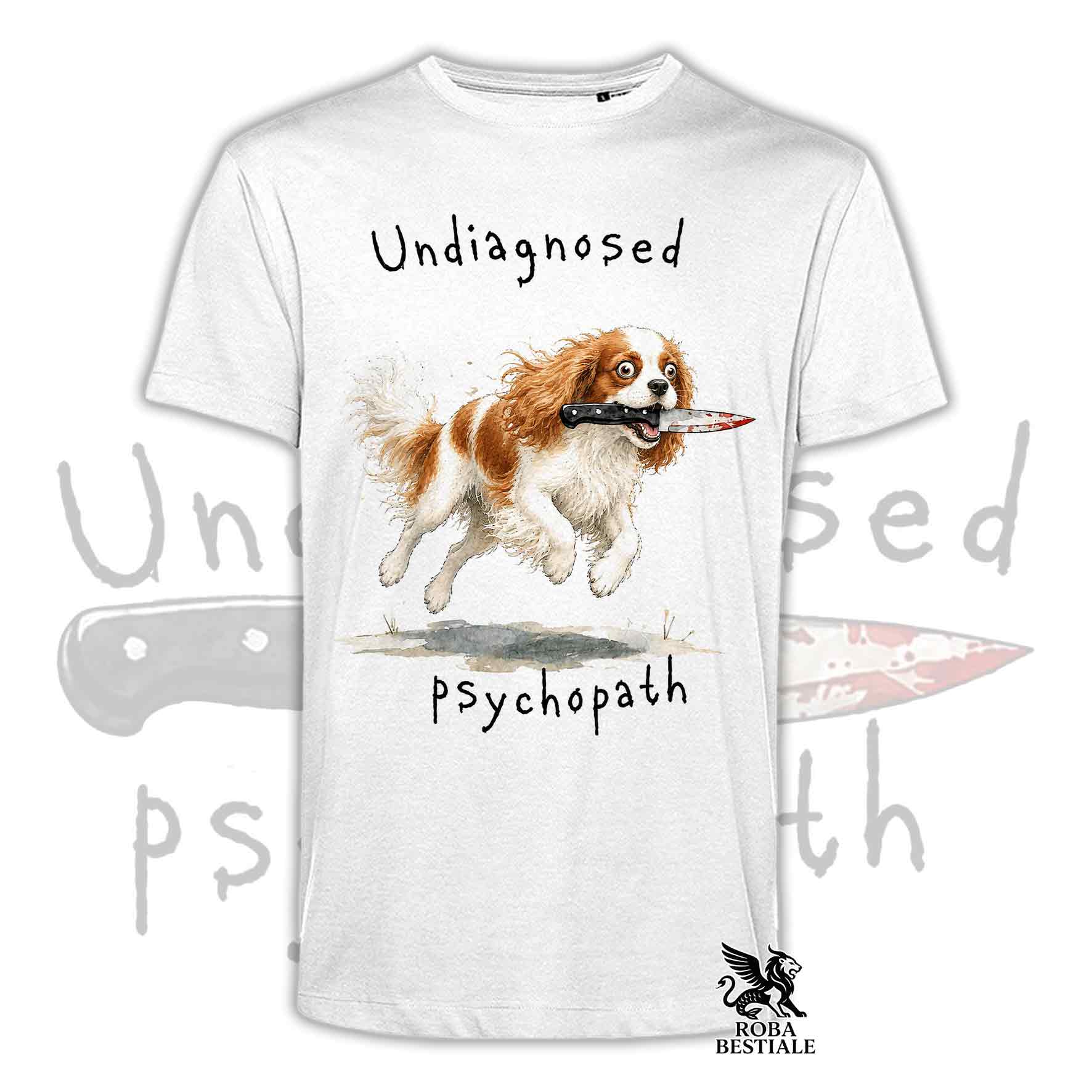 T-shirt bianca stampata con un Cavalier King Charles Spaniel che tiene un coltello tra i denti. Grafica originale Roba Bestiale, collezione Psychopath