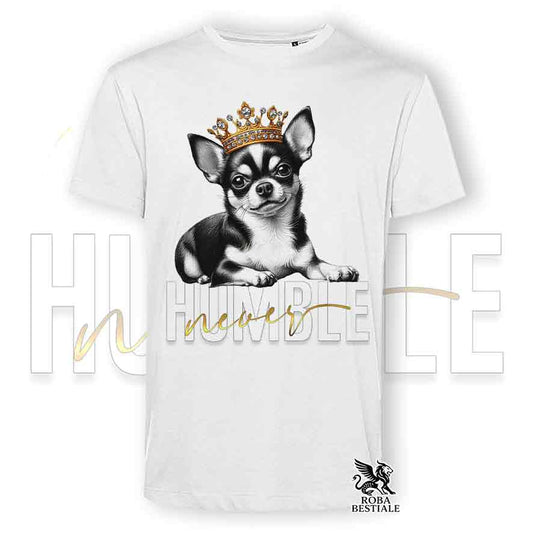 T-shirt stampata con un Chihuahua a pelo corto, colore bianco con grafica Never Humble