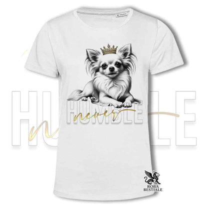 T-shirt stampata con un Chihuahua a pelo lungo, colore bianco con grafica Never Humble