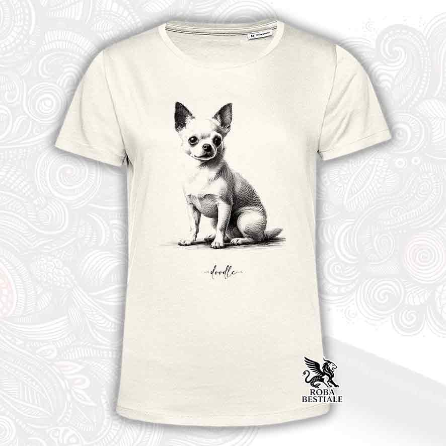 T-shirt beige stampata con un Bull Terrier, grafica Doodle