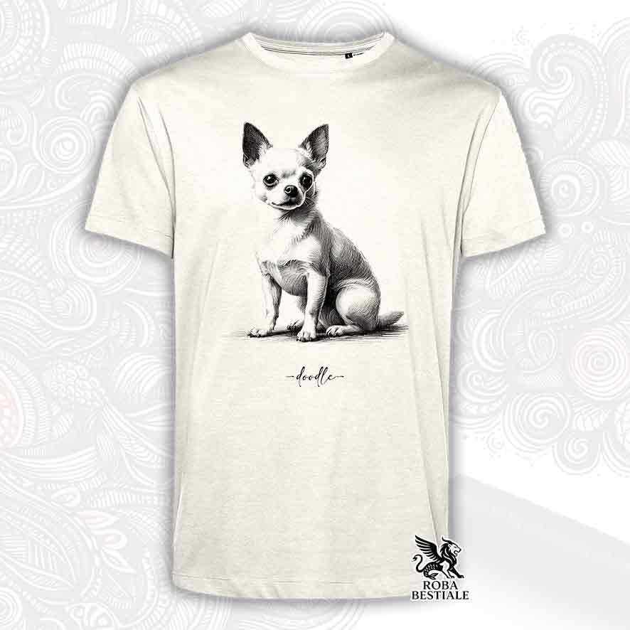 T-shirt beige stampata con un Bull Terrier, grafica Doodle