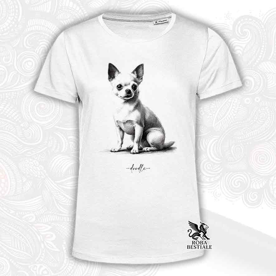 T-shirt bianca stampata con un Bull Terrier, grafica Doodle