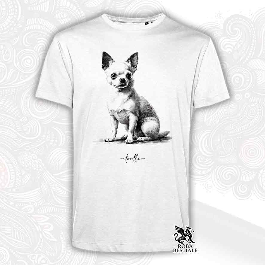 T-shirt bianca stampata con un Bull Terrier, grafica Doodle