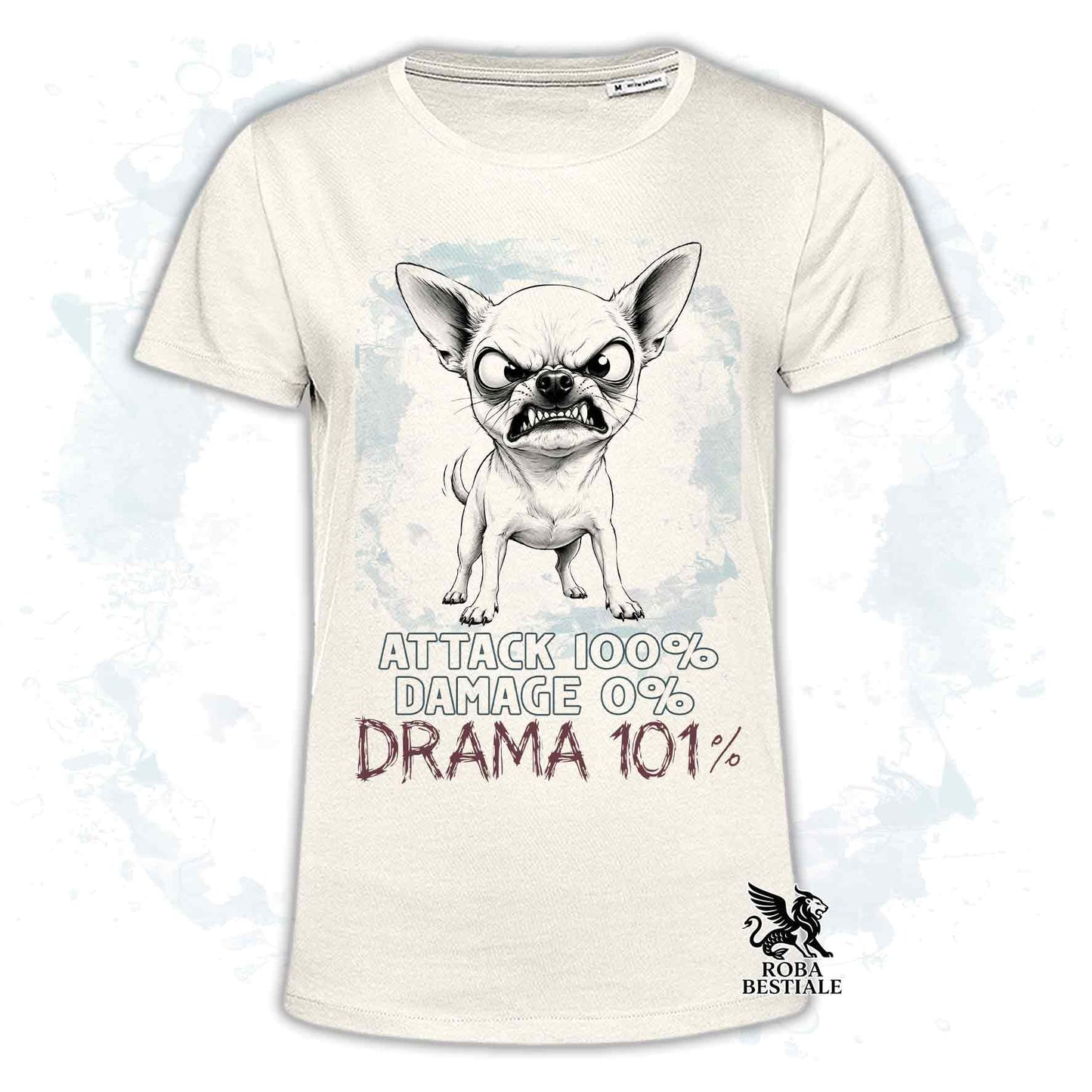 Maglietta beige stampata con un Chihuahua a pelo corto, collezione originale Drama 101 di Roba Bestiale 