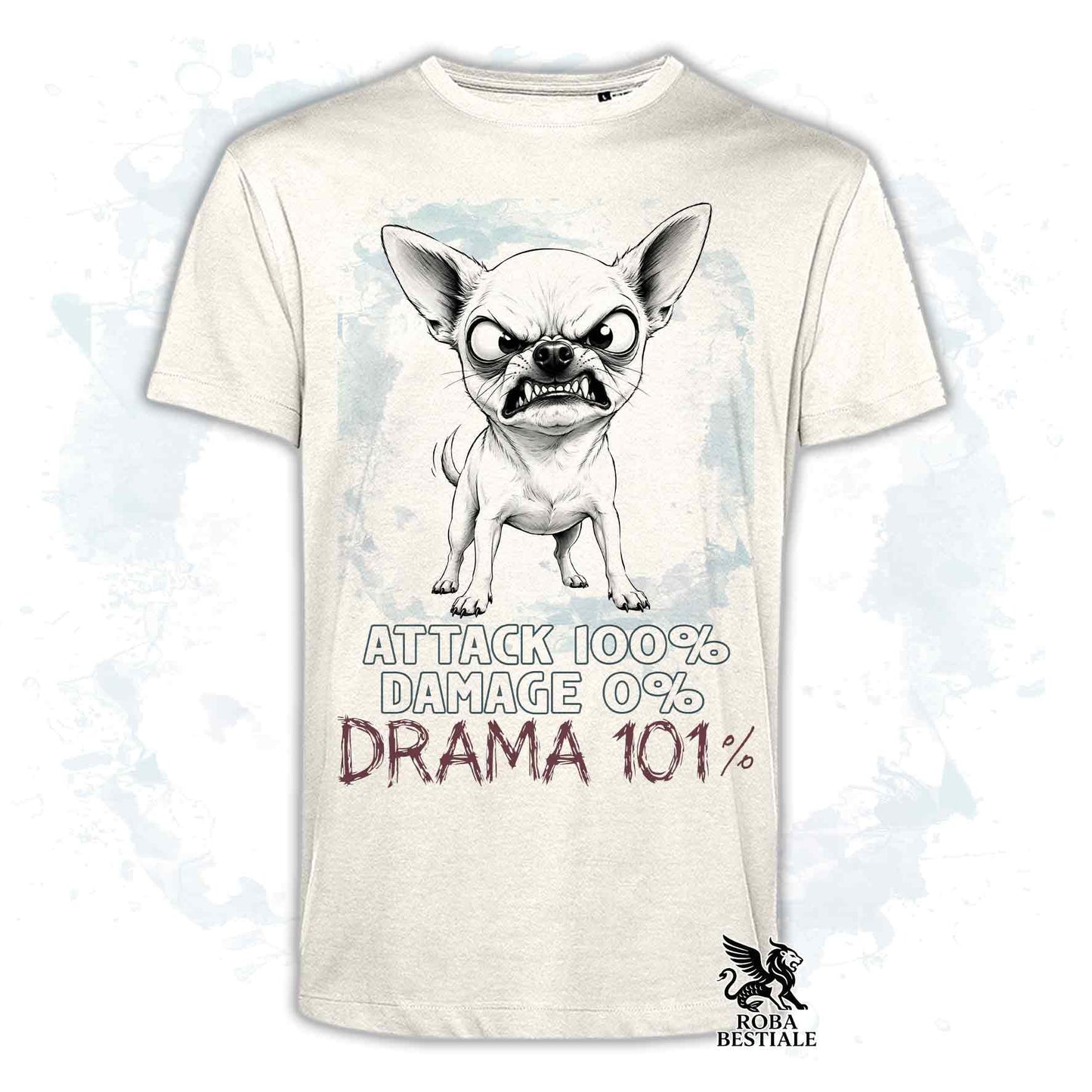 Maglietta beige stampata con un Chihuahua a pelo corto, collezione originale Drama 101 di Roba Bestiale 