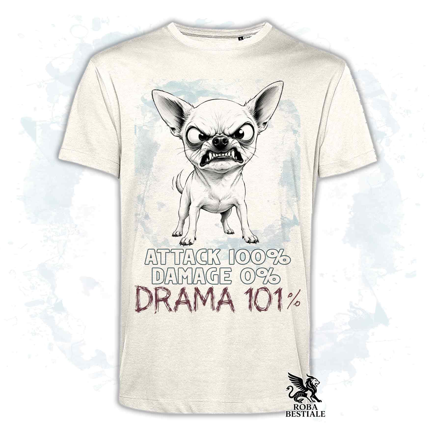 Maglietta beige stampata con un Chihuahua a pelo corto, collezione originale Drama 101 di Roba Bestiale 