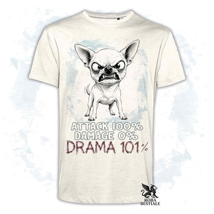 Maglietta beige stampata con un Chihuahua a pelo corto, collezione originale Drama 101 di Roba Bestiale 