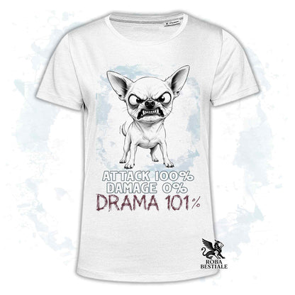 Maglietta bianca stampata con un Chihuahua a pelo corto, collezione originale Drama 101 di Roba Bestiale 
