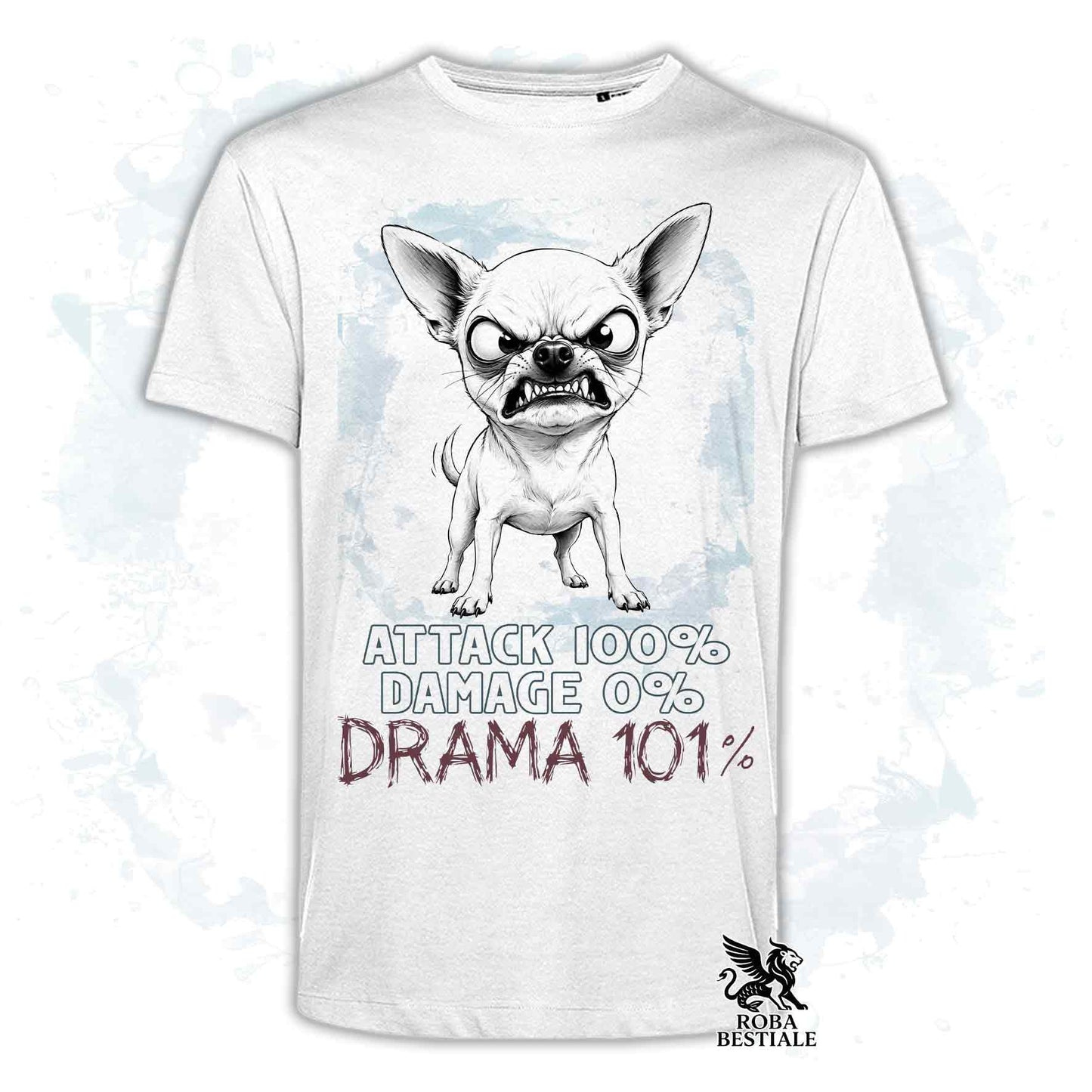 Maglietta bianca stampata con un Chihuahua a pelo corto, collezione originale Drama 101 di Roba Bestiale 