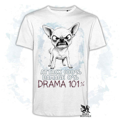 Maglietta bianca stampata con un Chihuahua a pelo corto, collezione originale Drama 101 di Roba Bestiale 