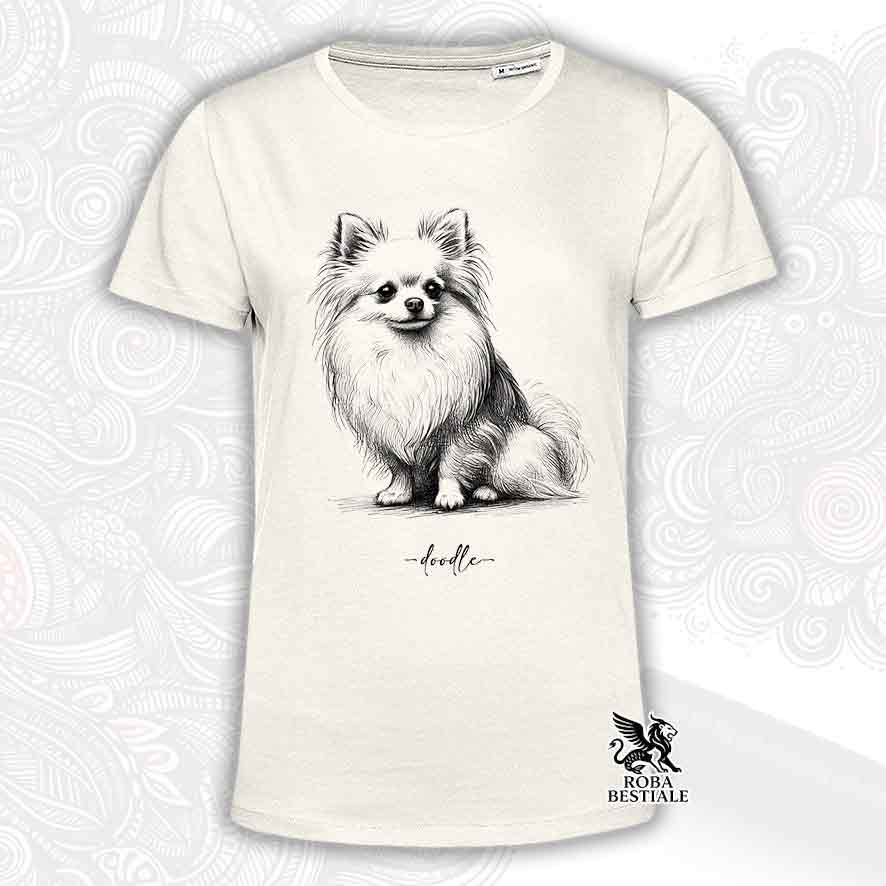 T-shirt beige stampata con un Chihuahua a pelo lungo bianco, grafica Doodle
