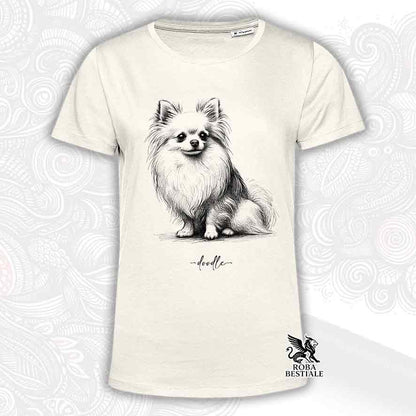 T-shirt beige stampata con un Chihuahua a pelo lungo bianco, grafica Doodle
