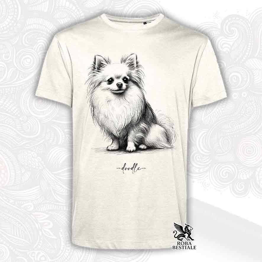 T-shirt beige stampata con un Chihuahua a pelo lungo bianco, grafica Doodle