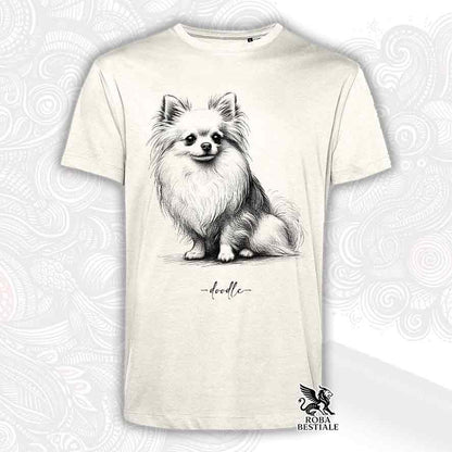 T-shirt beige stampata con un Chihuahua a pelo lungo bianco, grafica Doodle