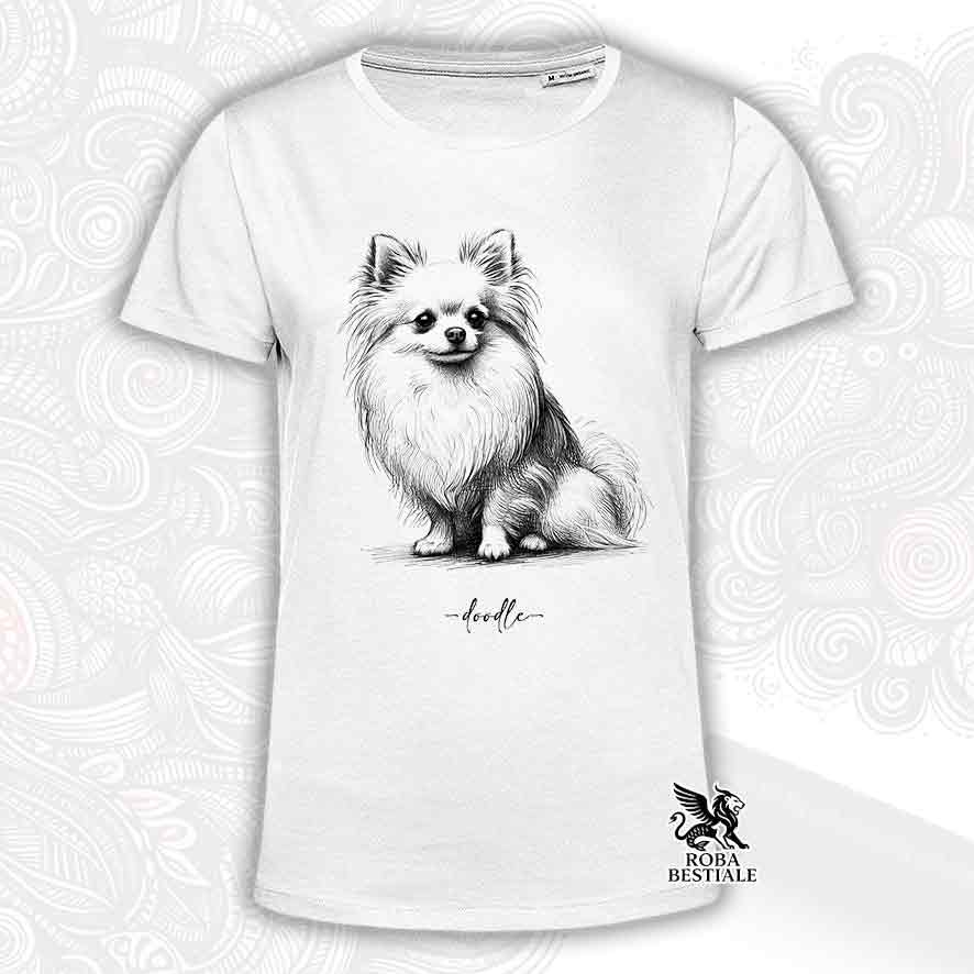 T-shirt bianca stampata con un Chihuahua a pelo lungo bianco, grafica Doodle