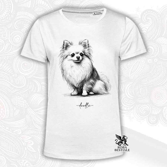 T-shirt bianca stampata con un Chihuahua a pelo lungo bianco, grafica Doodle