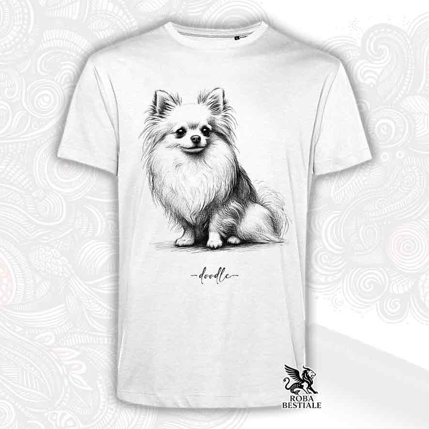 T-shirt bianca stampata con un Chihuahua a pelo lungo bianco, grafica Doodle