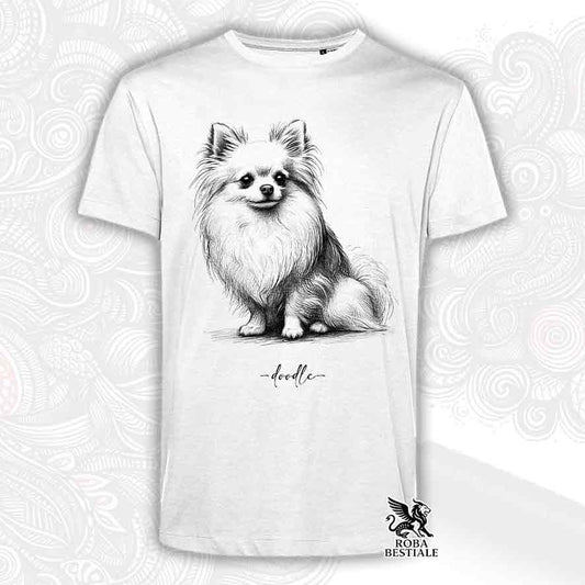 T-shirt bianca stampata con un Chihuahua a pelo lungo bianco, grafica Doodle