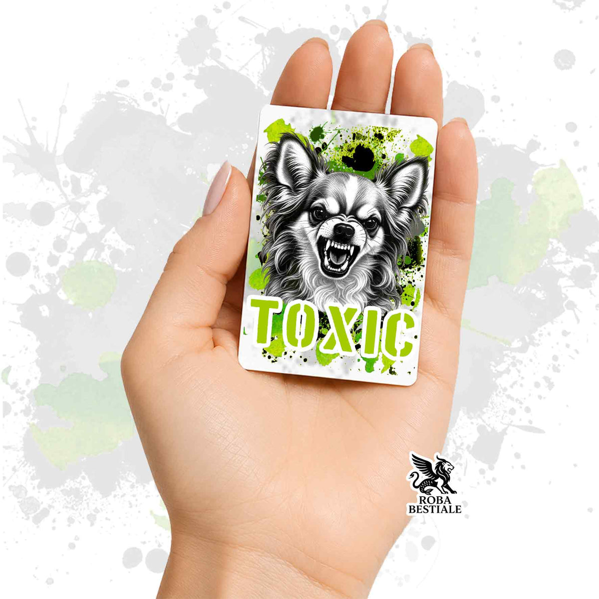 Calamita in MDF con la stampa di un Chihuahua a pelo lungo. Idea regalo per amanti dei cani, da Roba Bestiale