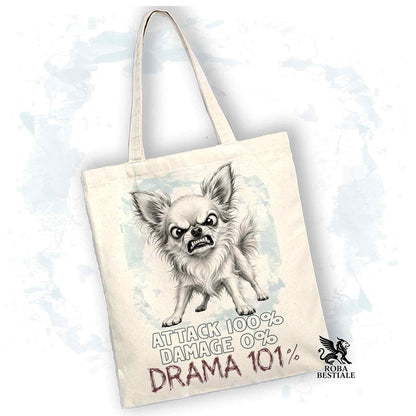 Borsa Tote beige con stampata un Chihuahua a pelo lungo, grafica Drama 101 originale di Roba Bestiale 