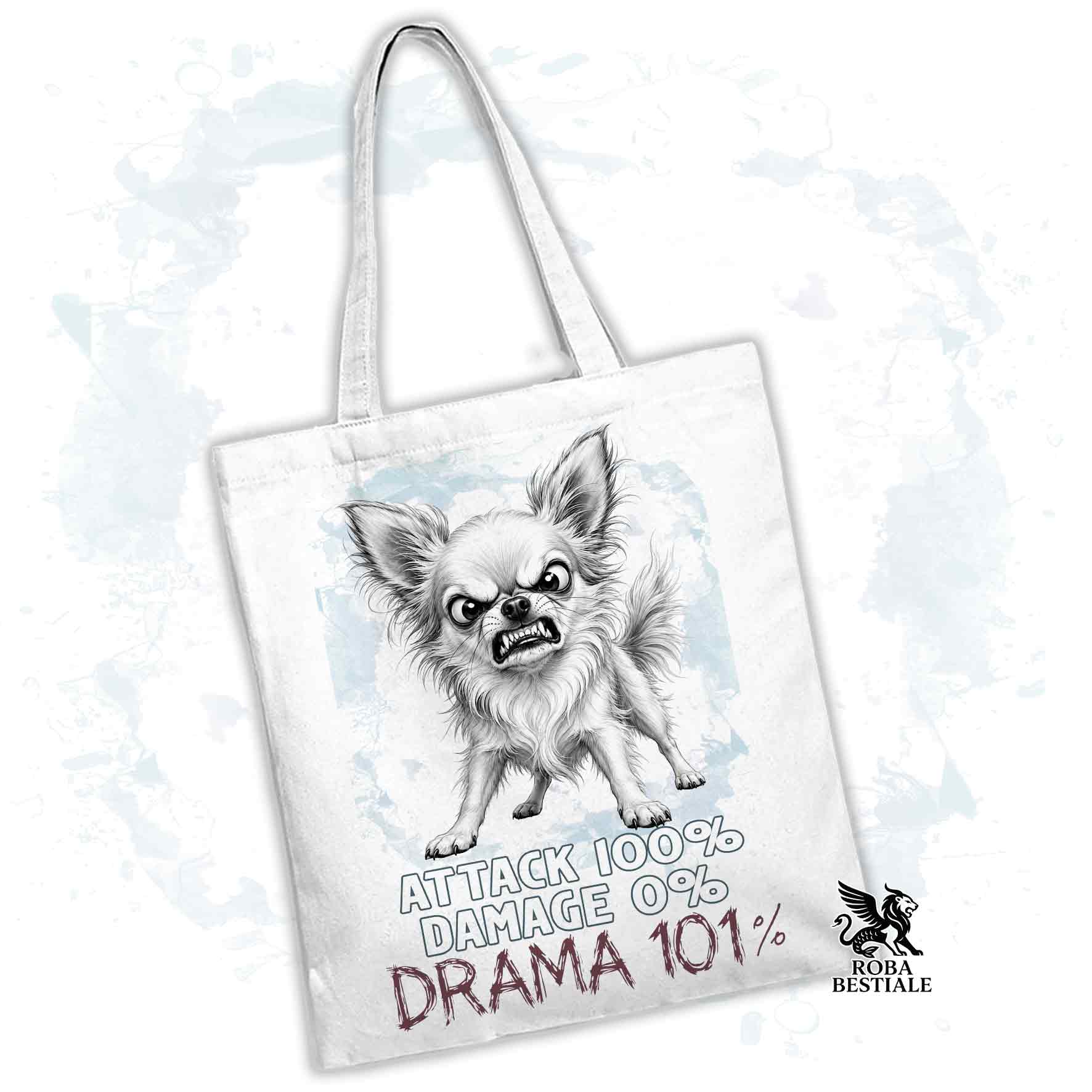 Borsa Tote bianca con stampata un Chihuahua a pelo lungo, grafica Drama 101 originale di Roba Bestiale 