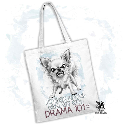 Borsa Tote bianca con stampata un Chihuahua a pelo lungo, grafica Drama 101 originale di Roba Bestiale 