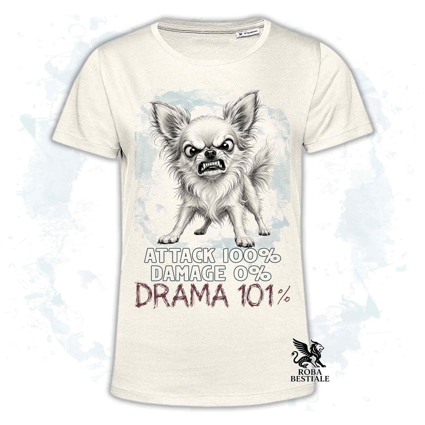 Maglietta beige stampata con un Chihuahua a pelo lungo, collezione originale Drama 101 di Roba Bestiale 