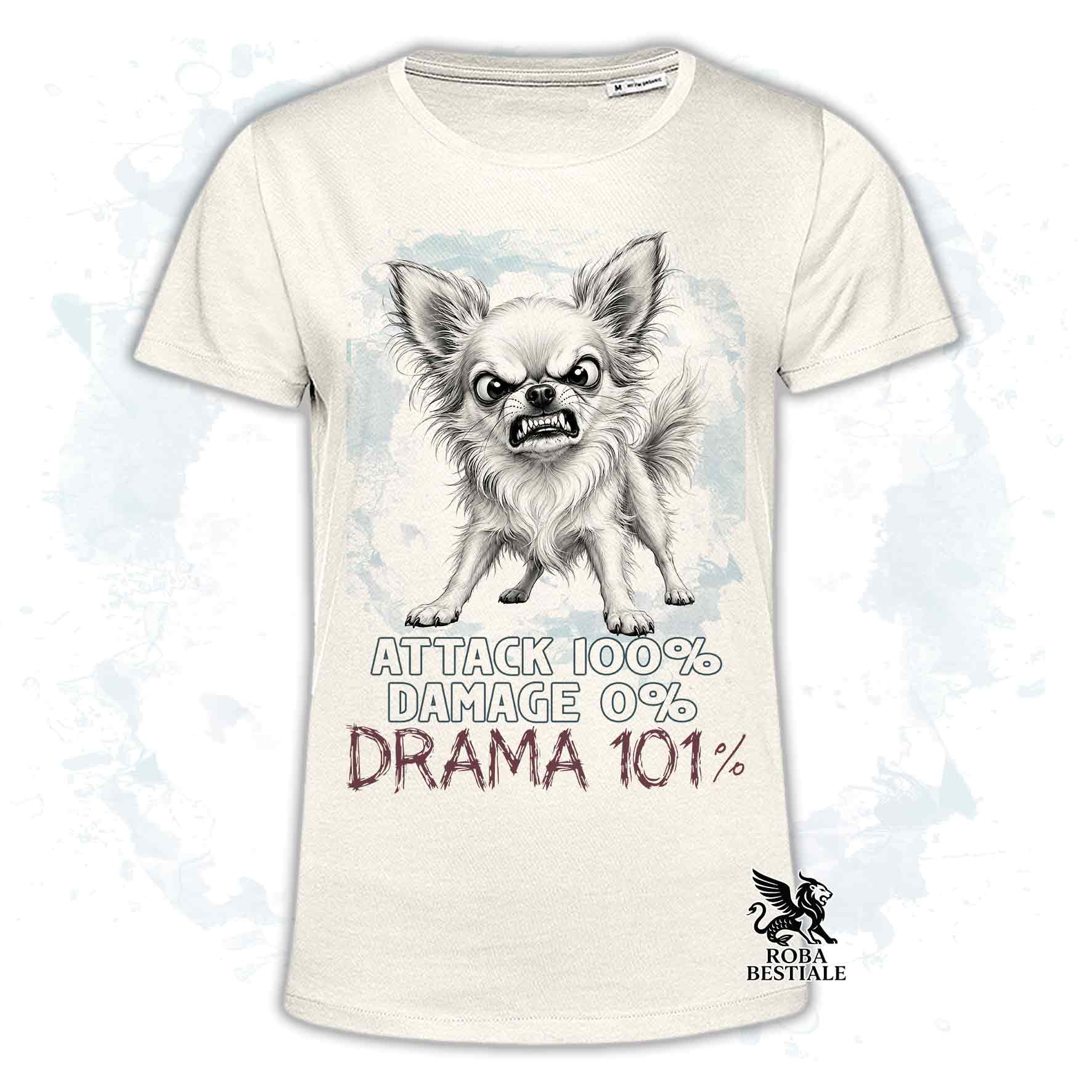 Maglietta beige stampata con un Chihuahua a pelo lungo, collezione originale Drama 101 di Roba Bestiale 