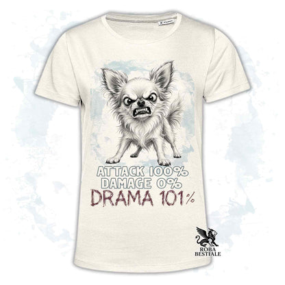 Maglietta beige stampata con un Chihuahua a pelo lungo, collezione originale Drama 101 di Roba Bestiale 