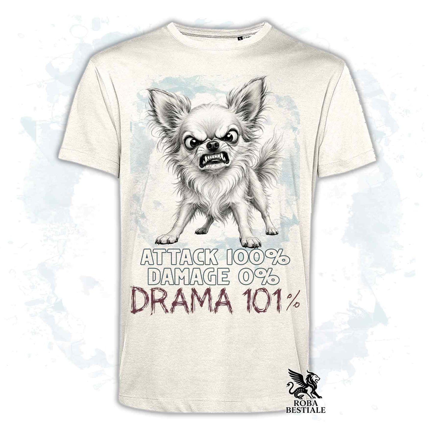 Maglietta beige stampata con un Chihuahua a pelo lungo, collezione originale Drama 101 di Roba Bestiale 