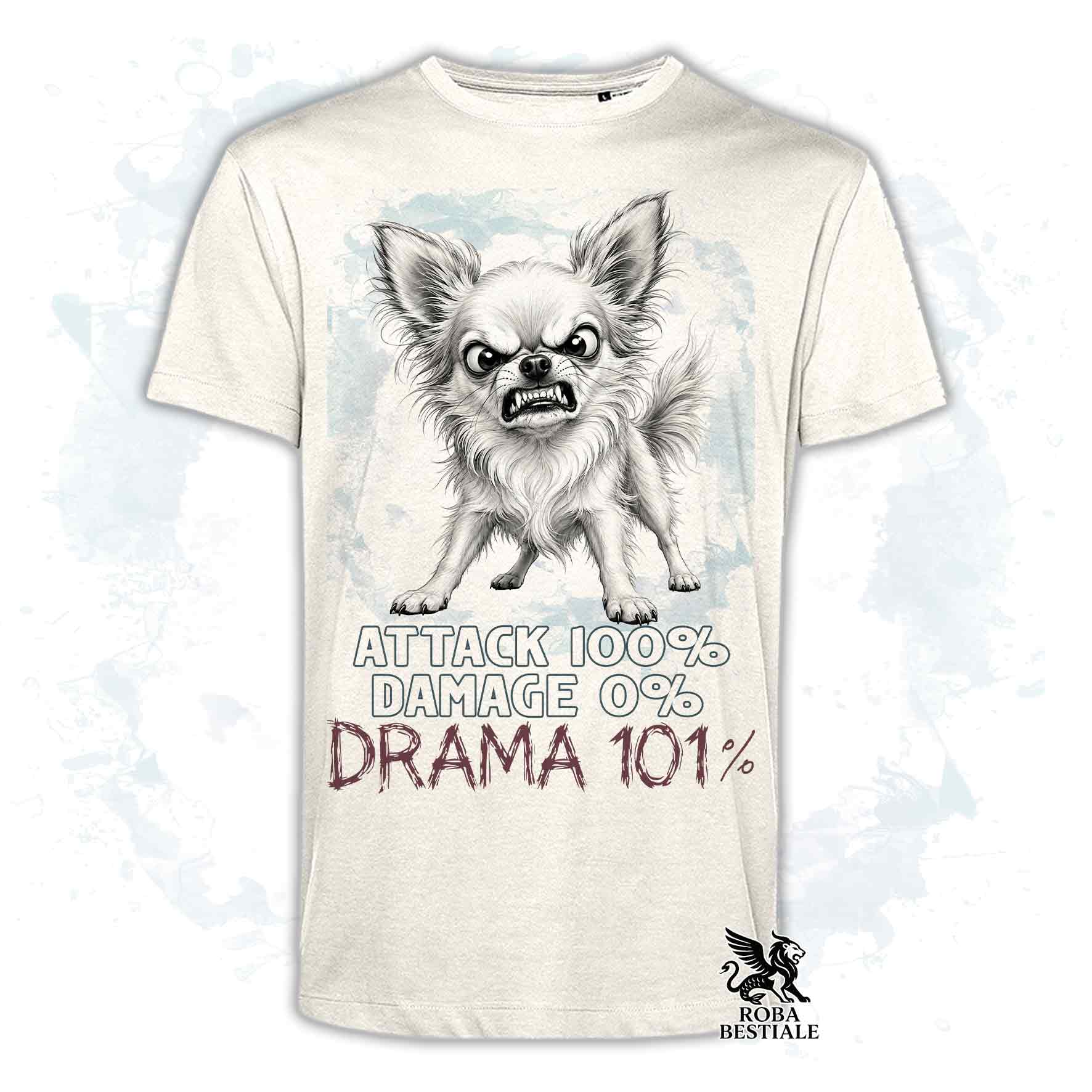 Maglietta beige stampata con un Chihuahua a pelo lungo, collezione originale Drama 101 di Roba Bestiale 