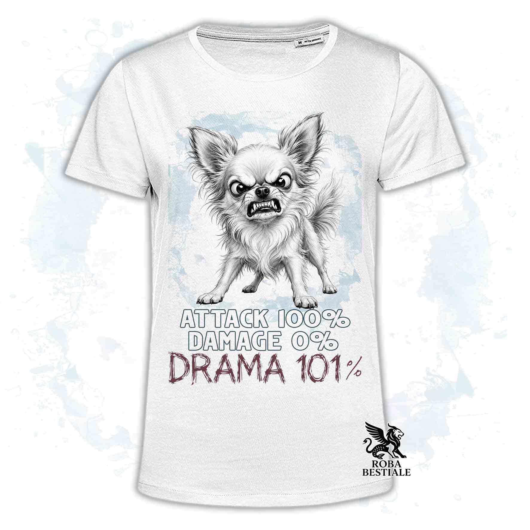 Maglietta bianca stampata con un Chihuahua a pelo lungo, collezione originale Drama 101 di Roba Bestiale 
