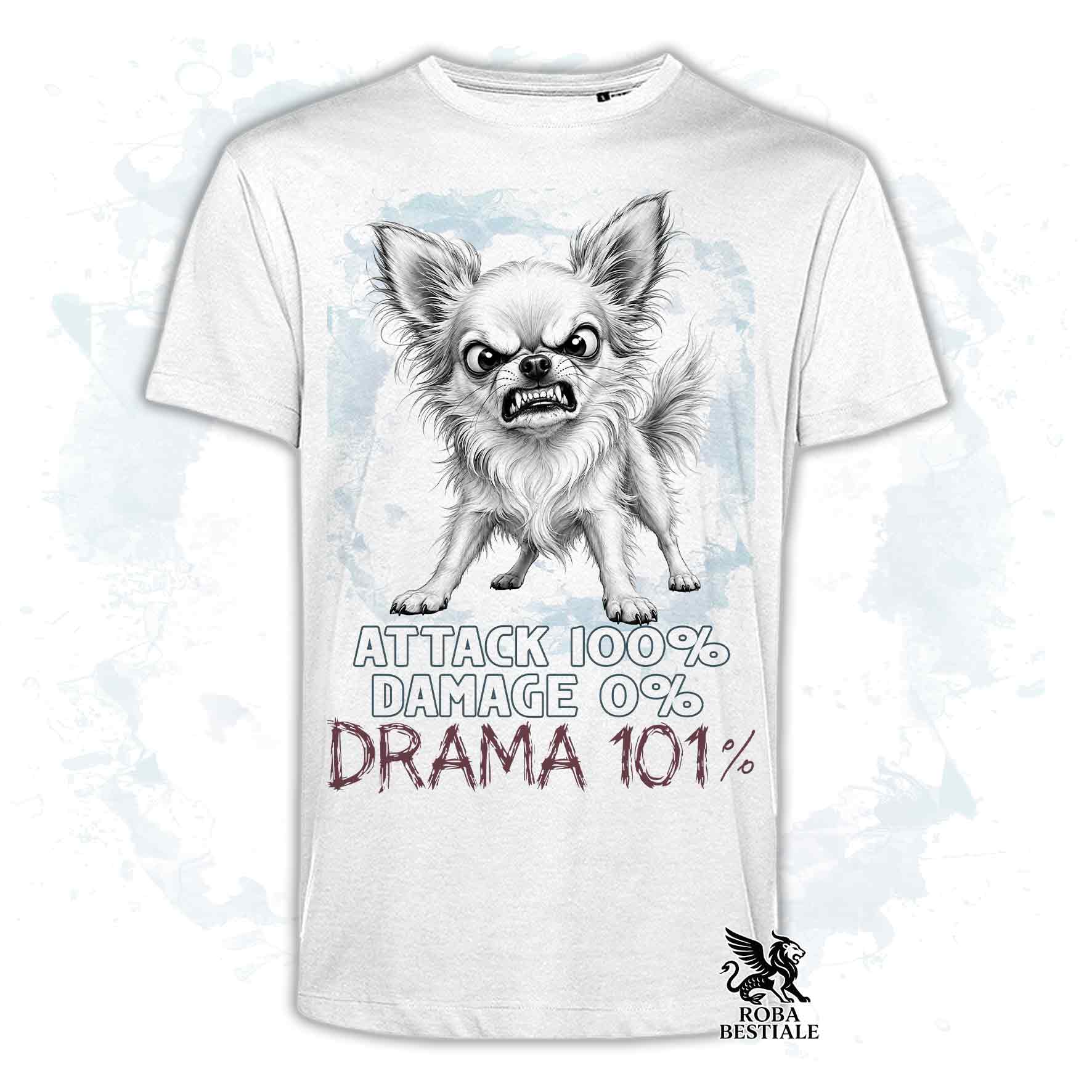Maglietta bianca stampata con un Chihuahua a pelo lungo, collezione originale Drama 101 di Roba Bestiale 