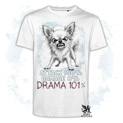 Maglietta bianca stampata con un Chihuahua a pelo lungo, collezione originale Drama 101 di Roba Bestiale 