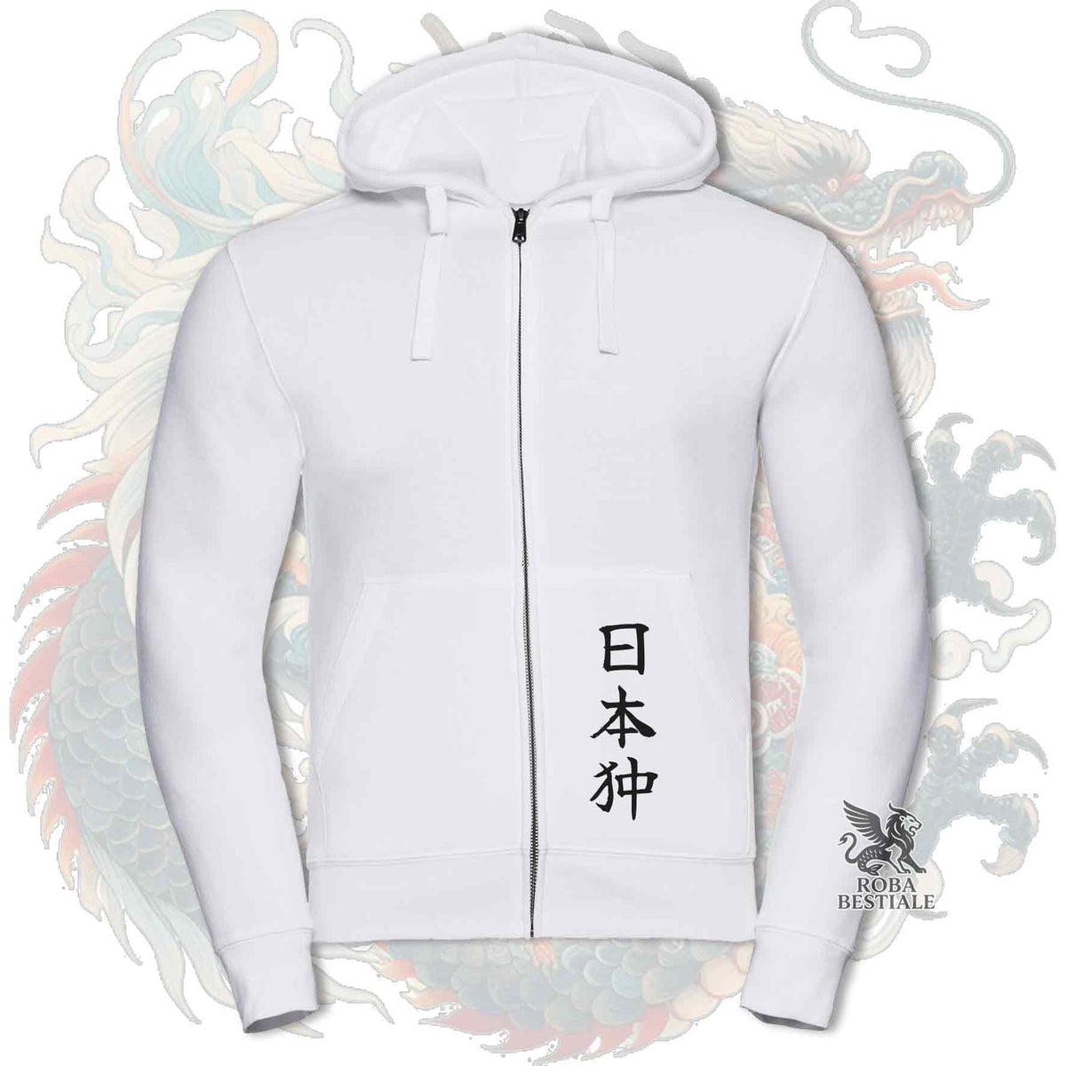 Felpa CHIN GIAPPONESE Bianco e Nero - Cappuccio e Cerniera - Collezione Dragon