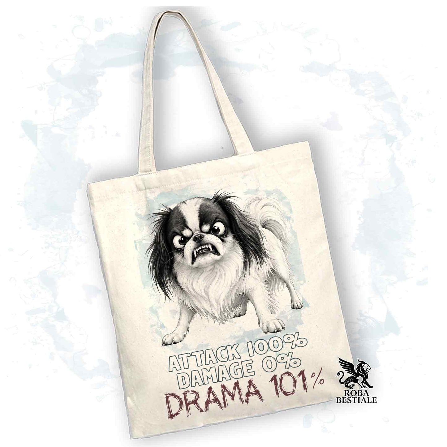 Borsa Tote beige con stampata un Chin Giapponese, grafica Drama 101 originale di Roba Bestiale 