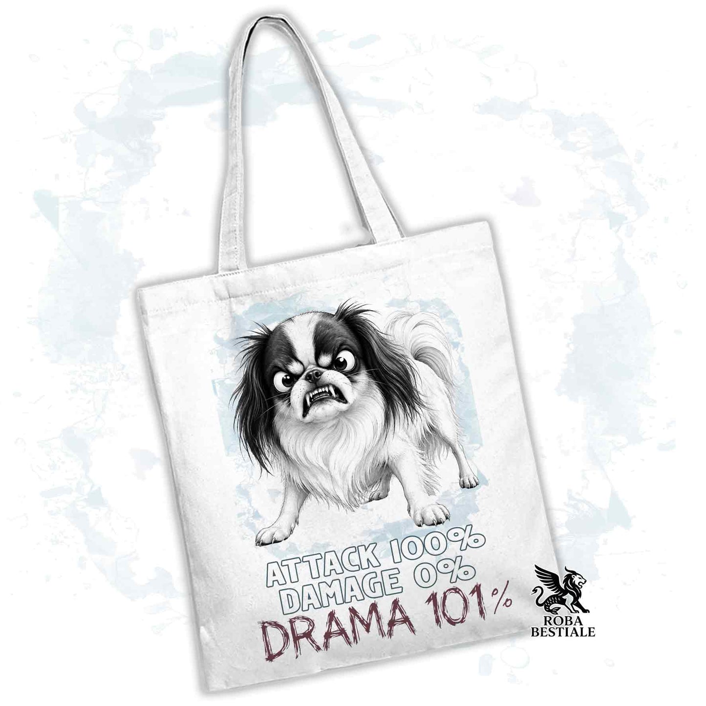 Borsa Tote bianca con stampata un Chin Giapponese, grafica Drama 101 originale di Roba Bestiale 