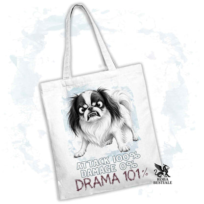 Borsa Tote bianca con stampata un Chin Giapponese, grafica Drama 101 originale di Roba Bestiale 