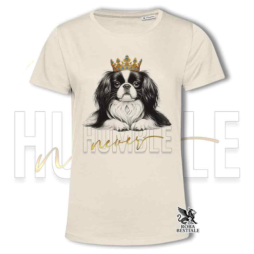 T-shirt stampata con un Chin Giapponese, colore beige con grafica Never Humble