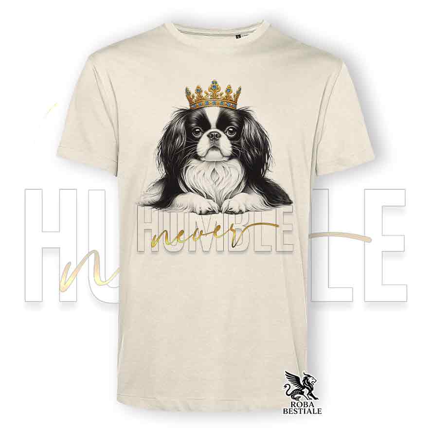 T-shirt stampata con un Chin Giapponese, colore beige con grafica Never Humble