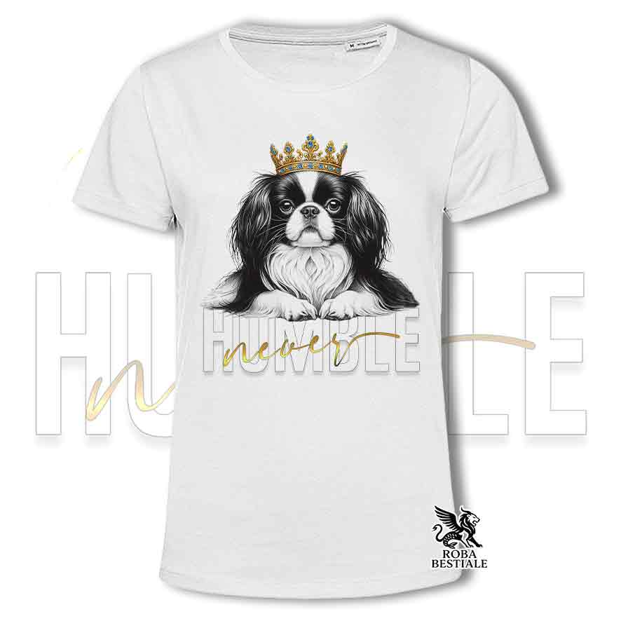 T-shirt stampata con un Chin Giapponese, colore bianco con grafica Never Humble