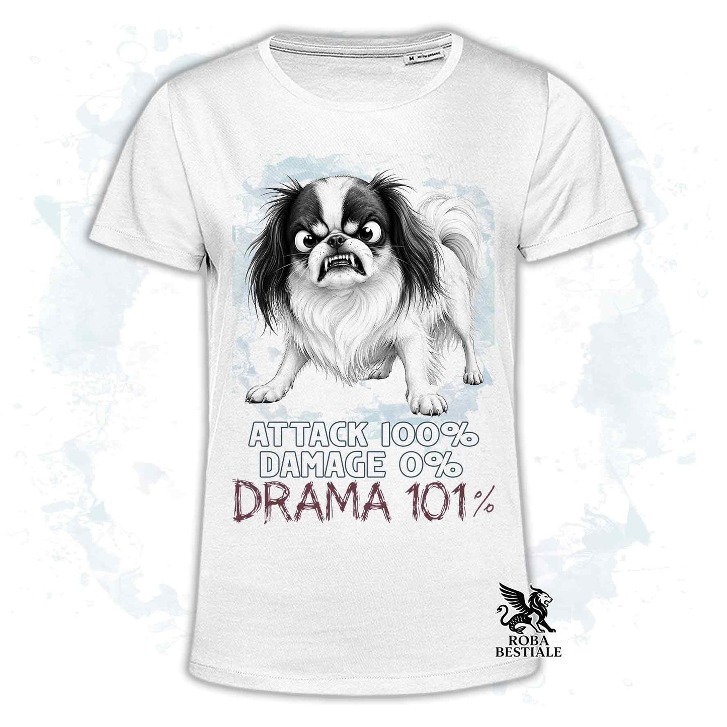 Maglietta bianca stampata con un Chin Giapponese, collezione originale Drama 101 di Roba Bestiale 