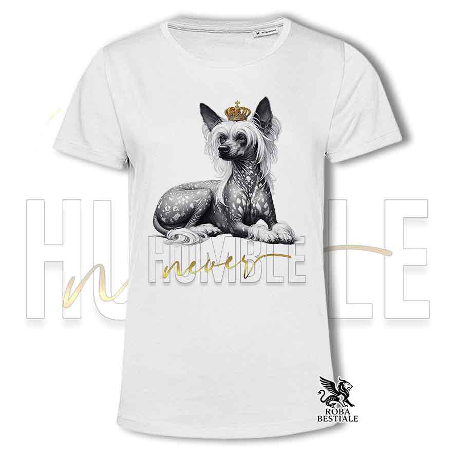T-shirt stampata con un Chinese Crested Dog hairless, colore bianco con grafica Never Humble