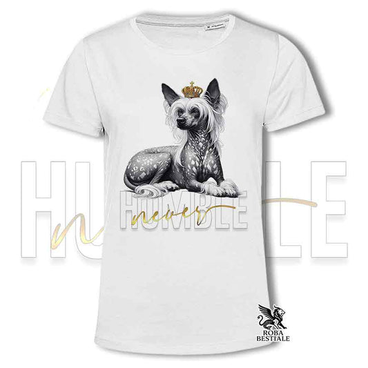 T-shirt stampata con un Chinese Crested Dog hairless, colore bianco con grafica Never Humble
