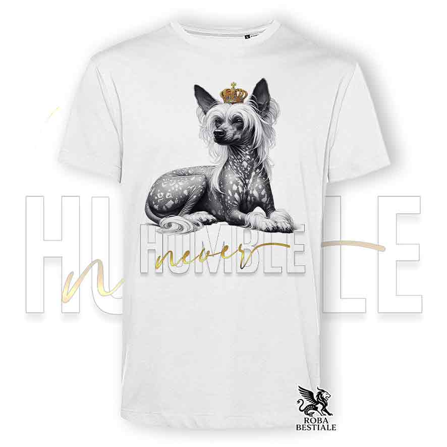 T-shirt stampata con un Chinese Crested Dog hairless, colore bianco con grafica Never Humble